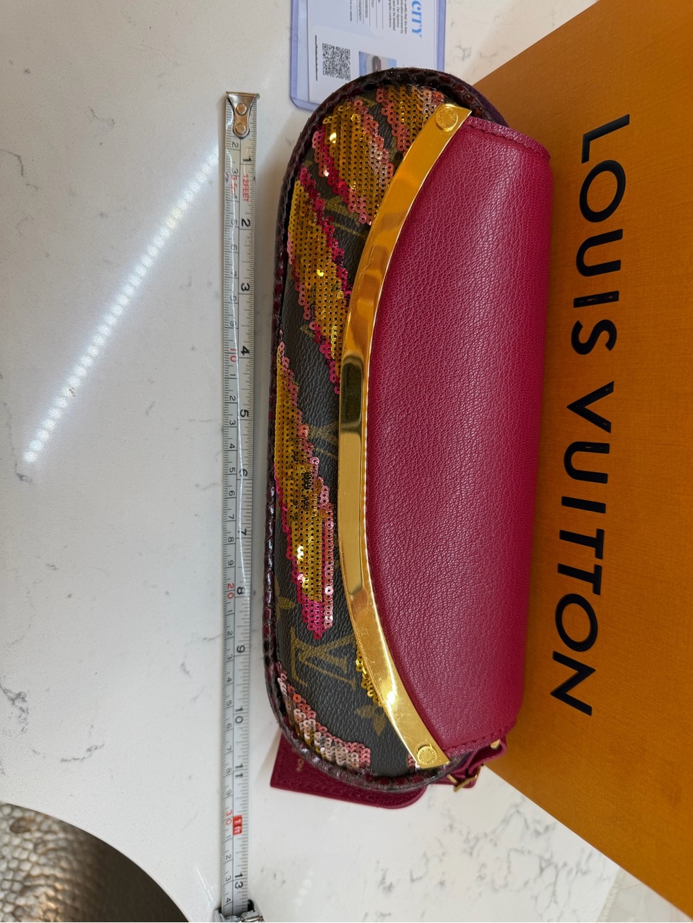 Louis Vuitton Magenta pink Sequin-Embellished Monogram Clutch with python Trim. - Picture 11 of 13